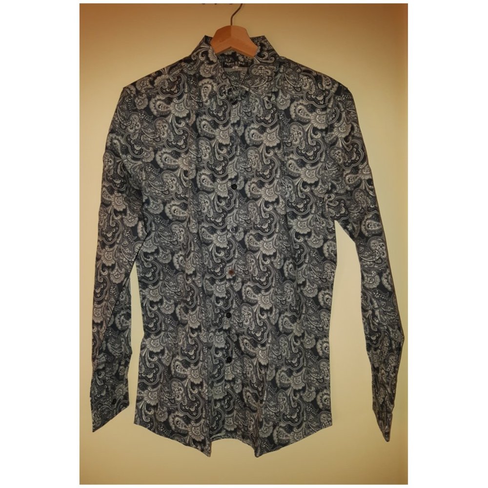 Midnight Blue Button-up Shirt w/ White Wave Print